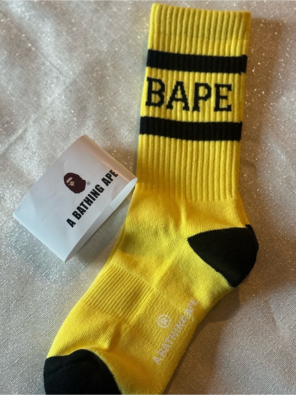 A Bathing Ape BAPE Yellow Black Logo Crew Socks New Sealed Unisex